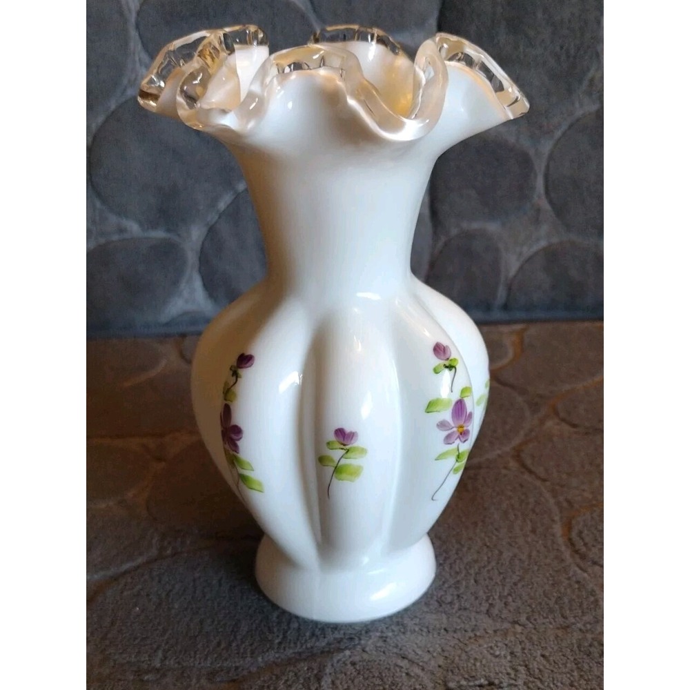 Vintage Fenton White Milk Glass Melon Vase Silver Crest Purple Violets Ruffle